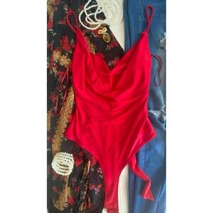 Lily Star vibrant red hot cowl neck red woman’s bodysuit onesie w/ tie NWOT